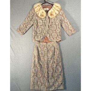 Vintage Engel Fetzer Jacket Skirt Set Fur Neck Trim Floral Ribbon On Fish Net